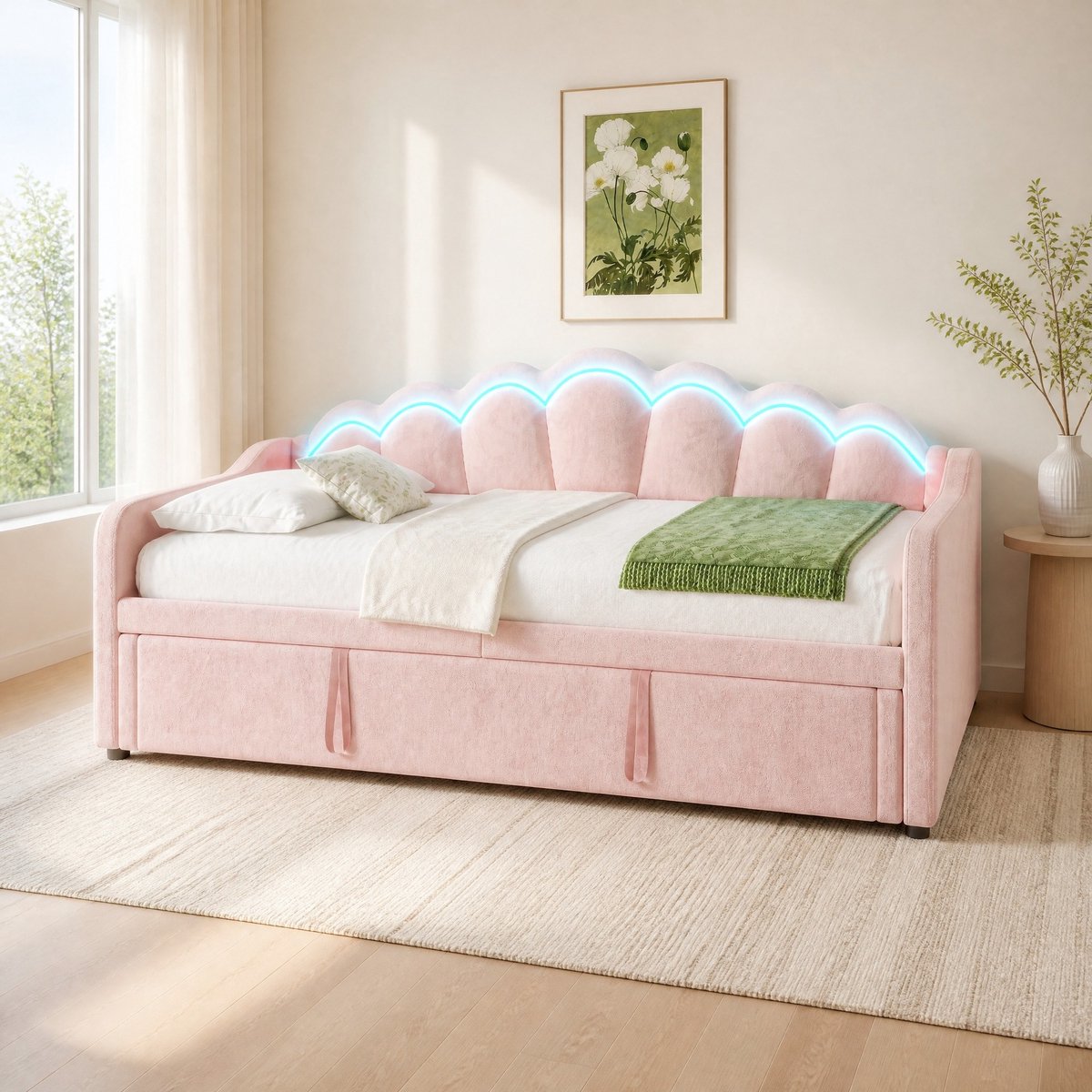Wishdor Slaapbank met uitschuifbed - Golvend hoofdbord - Ledverlichting - Zacht stoffen bedframe - Roze - Zonder matras - Voor volwassenen - 90x200/180x200 cm