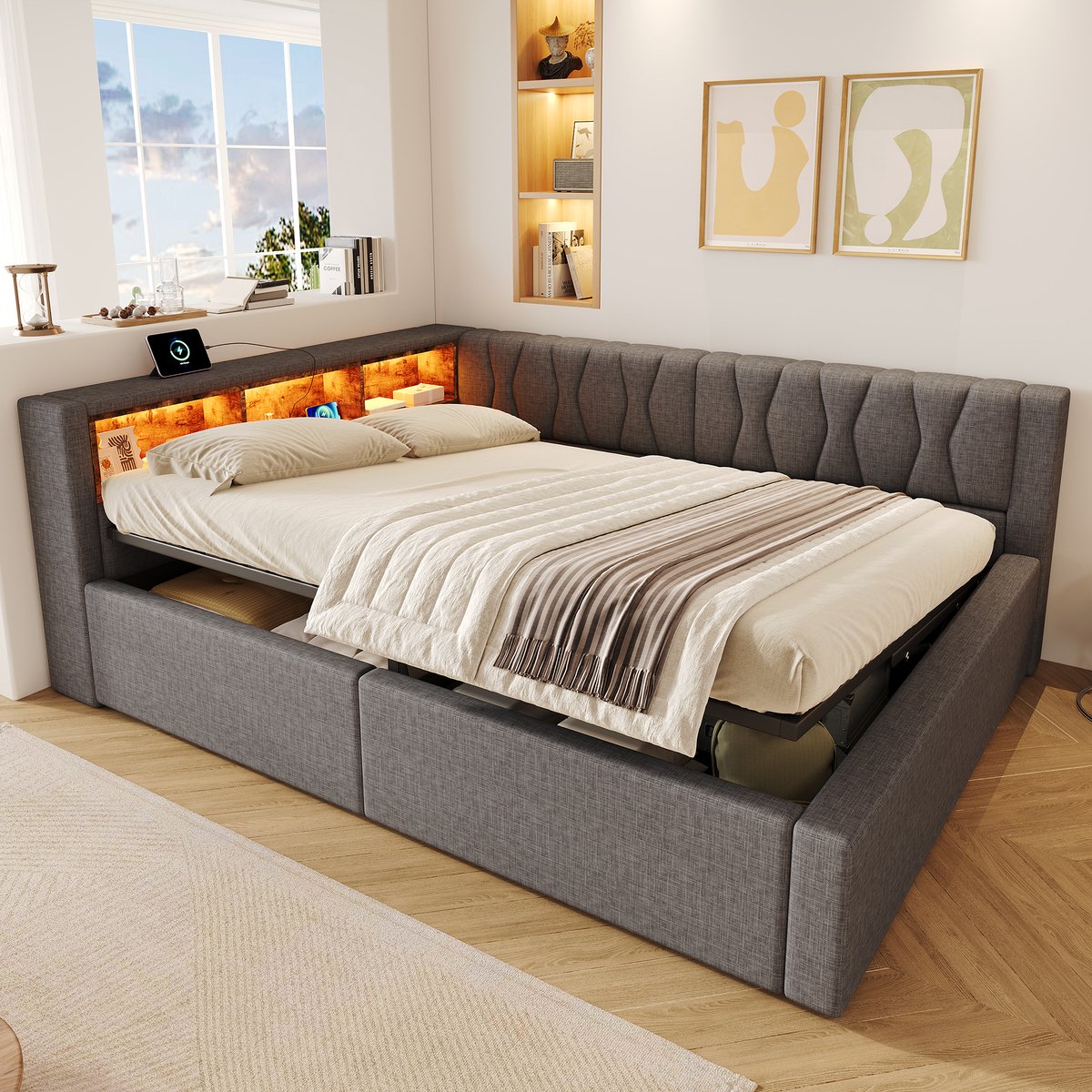 Slaapbank 140x200 cm met Hydraulische Opbergruimte, Dimbare LED-lichtstrip, Praktische Planken en USB-poort – Zonder Matras – Linnen Bekleding – Grijs
