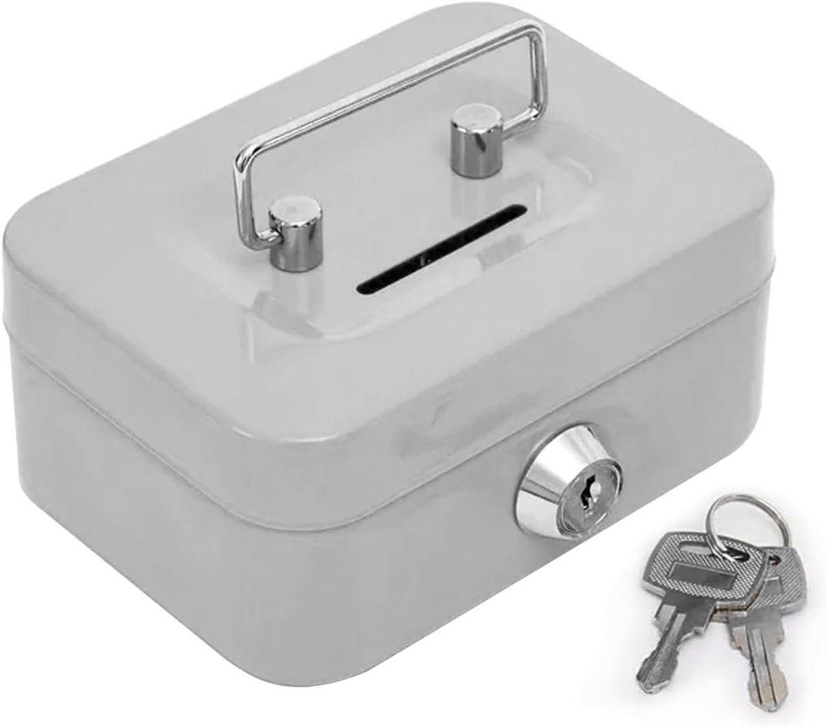 Draagbare metalen geldbox met sleutel, afsluitbare geldkast voor munten en biljetten, ideaal voor tips en veilig opbergen van contant geld (Grijs)