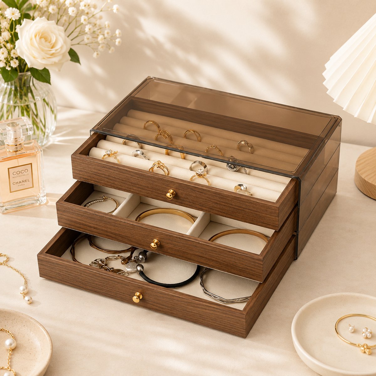 merkloos Houten Sieradendoos Organizer - 3-Laags Retro Tafelopberger voor Sieraden & Accessoires