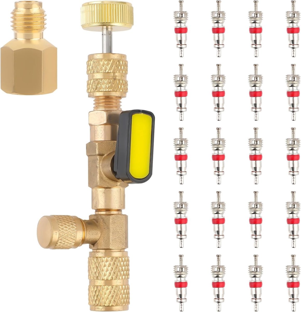 Professionele Valve Core Verwijderaar met Dubbele Manometer en Messing Adapter voor R22 en R410A Koelsystemen met 20 Stuks Ventielkernen