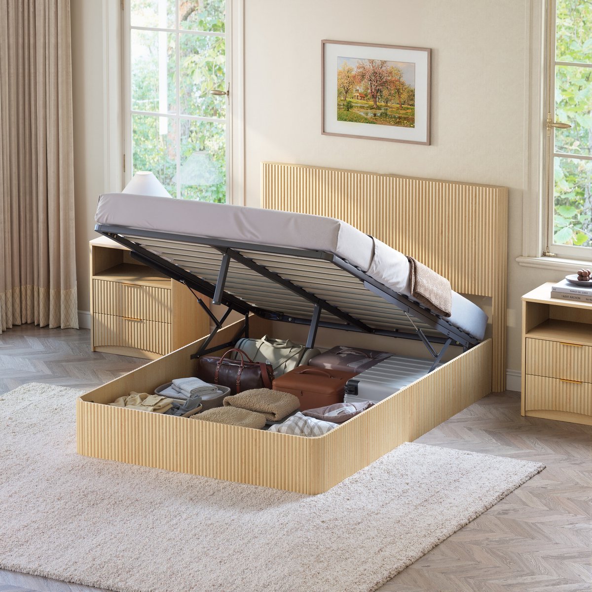 Wishdor Bed met opbergruimte - Hydraulisch liftsysteem - Rillenoptiek - Modern - Tweepersoons - MDF en metaal - Hell eiken - 140 x 200 cm - Stalen frame