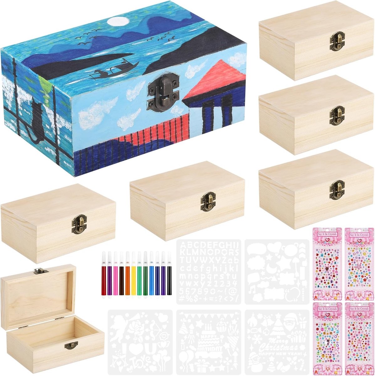 Set van 6 houten opbergdozen voor knutselprojecten, 15 x 8,5 x 6 cm, schatkist voor decoratie en organisatie