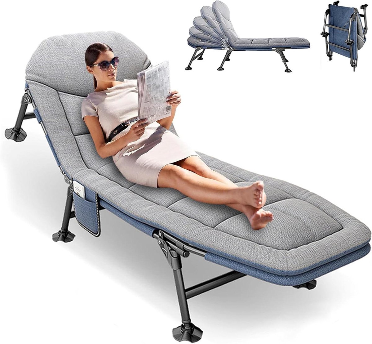 Veldbed met matras - Campingbed logeerbed - Ontspannen buiten - 6-voudig verstelbare rugleuning - 190x65x30 cm - Grijs