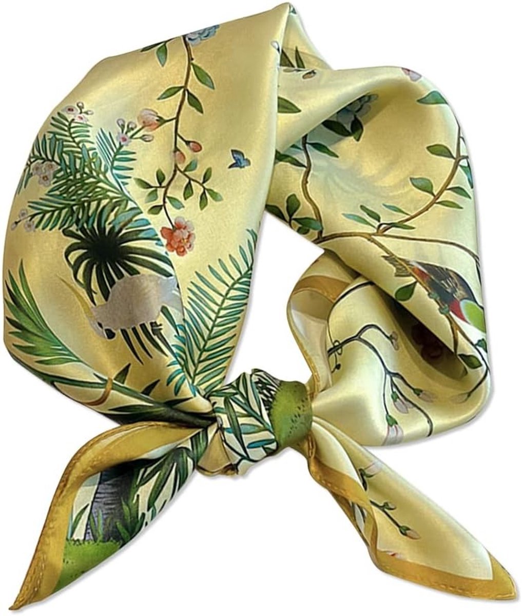 Satin Zijde Sjaal voor Vrouwen - Kleine Vierkante Sjaal met Natuurthema, Bloemen en Bomen Print, Ademend en Lichtgewicht Neckerchief voor Haar en Styling, Geel