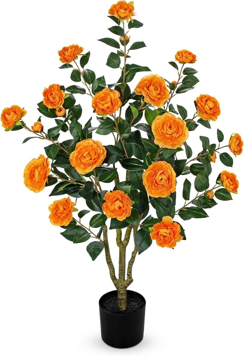Kunstmatige Camellia Boom 90cm met Bloemen - Oranje Decoratieve Boom voor Lente Versiering in Woonkamer, Keuken en Hal