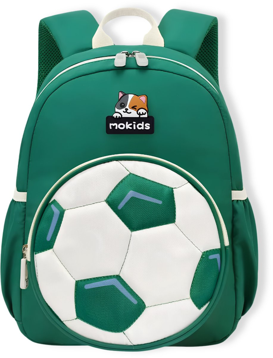 BoefieBoef Voetbal Groen Rugzak Kind – Schooltas 13 Liter – 32,5x25x17 cm – A4 Kinderrugzak met Borstgesp, Reflecterende Details & Zijvakken - Rugtas