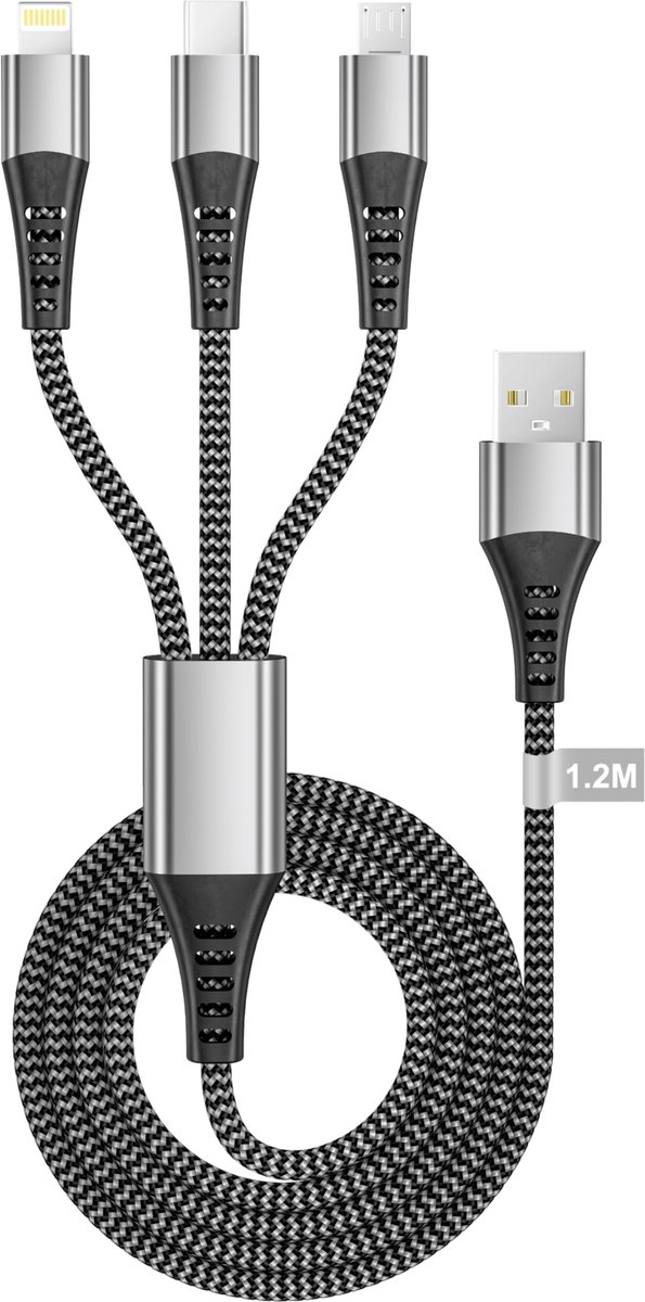 3-in-1 multi-oplaadkabel 1,2 m - nylon gevlochten - micro-USB, Type C en Lightning - laad meerdere apparaten tegelijk - ShopVlot