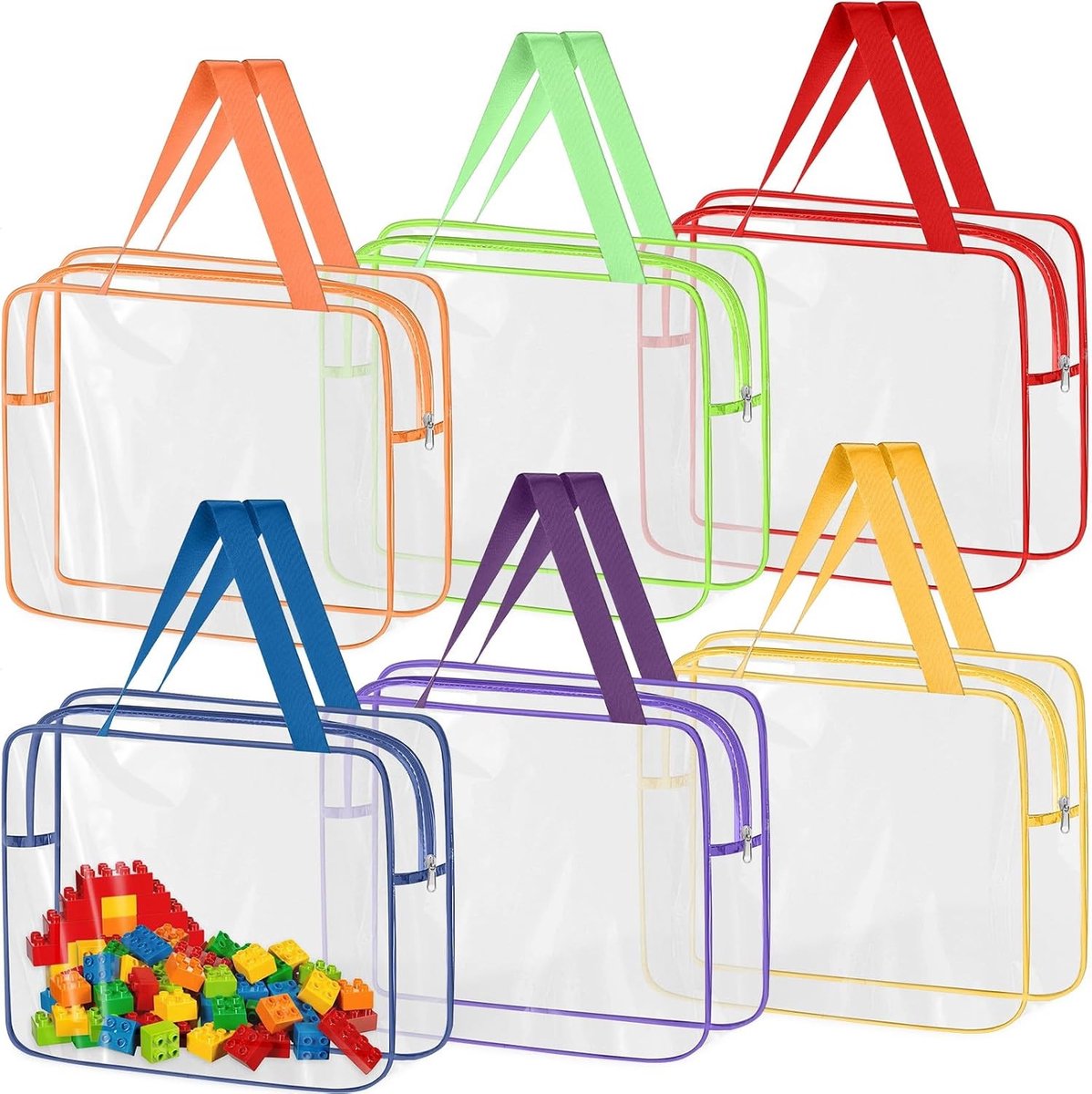 Set van 6 Transparante Speelgoedzakken met Rits, Waterdichte PVC Tas voor Blokken, Puzzels en Babyspullen, Herbruikbaar en Draagbaar