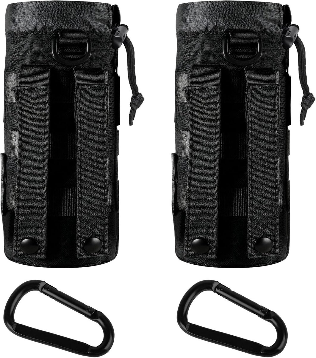 Tactische Fleshouder voor Molle Systeem, Waterfles Tas met Trekkoord, Draagbare Rugzak Fleshouder met 2 Carabiners voor Kamperen en Outdoor Activiteiten