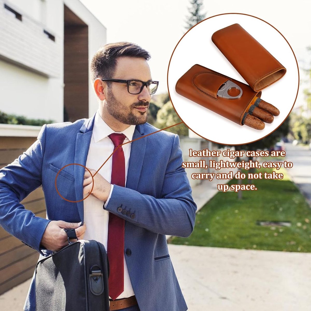 Leren sigarenkoffer voor 3 sigaren met sigarenknipper, portable humidor van cederhout voor reizen en korte uitjes