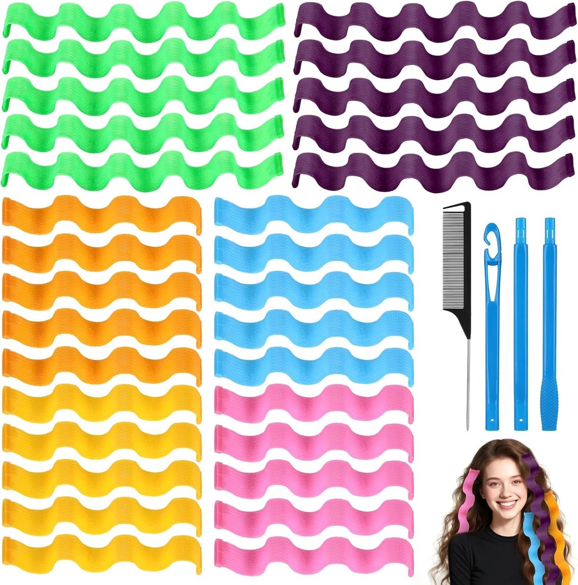 30 Stuks Krulspelden zonder Hitte, 30 cm en 50 cm Krullen, Inclusief Styling Haken en Kam, Geschikt voor Alle Haartypes en Lengtes, 6 Kleuren