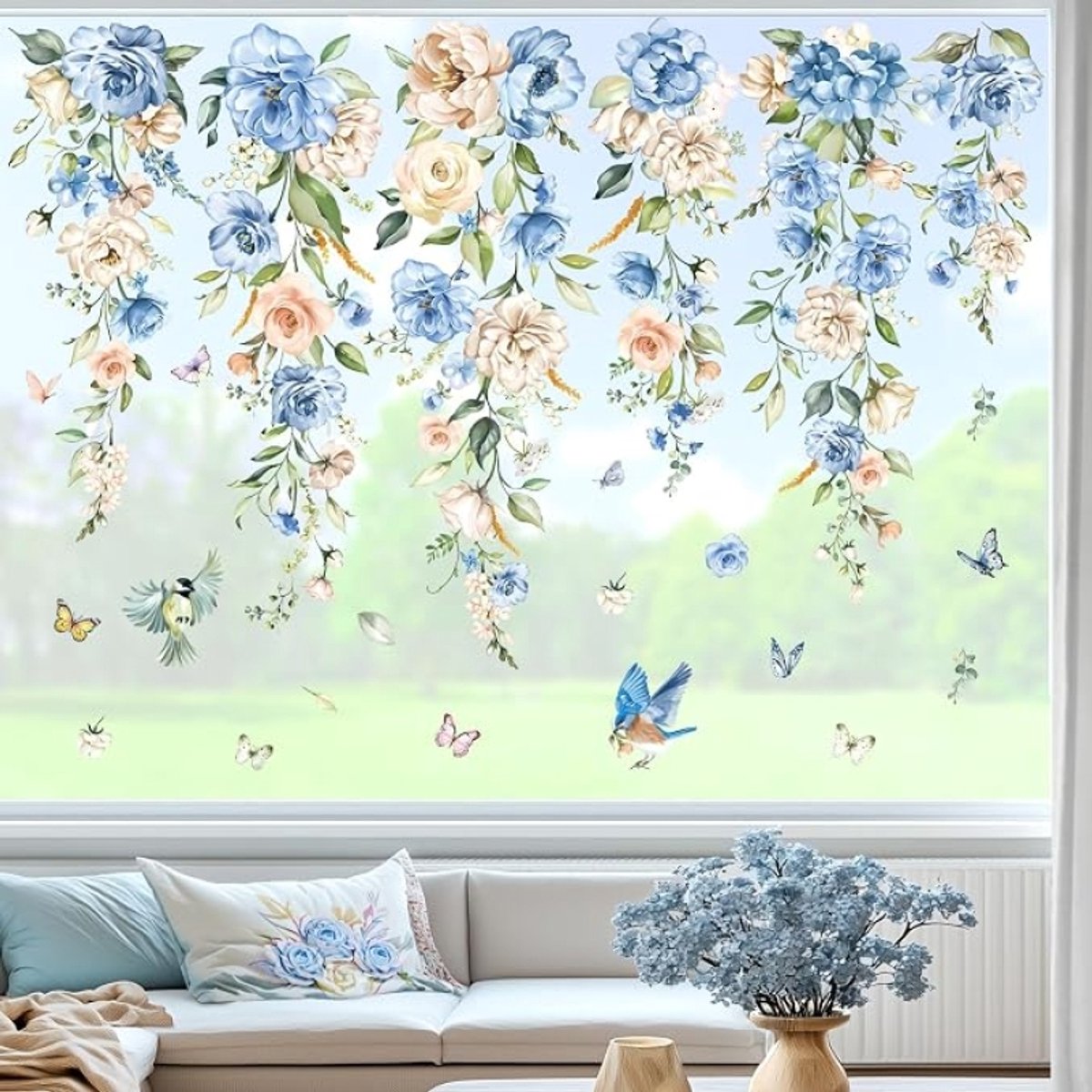 Raamstickers bloemen wijnstok blauw - Dubbelzijdige glassticker anti-botsing - 9 vellen – 20x30 cm per vel