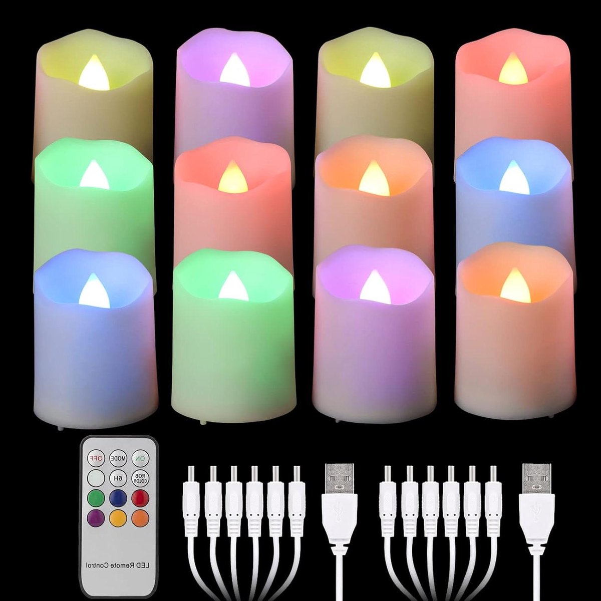 Oplaadbare LED kaarsjes - Decoratieve lampjes - Feestelijke sfeer - Kleurverandering met afstandsbediening - 12 stuks - Multicolor