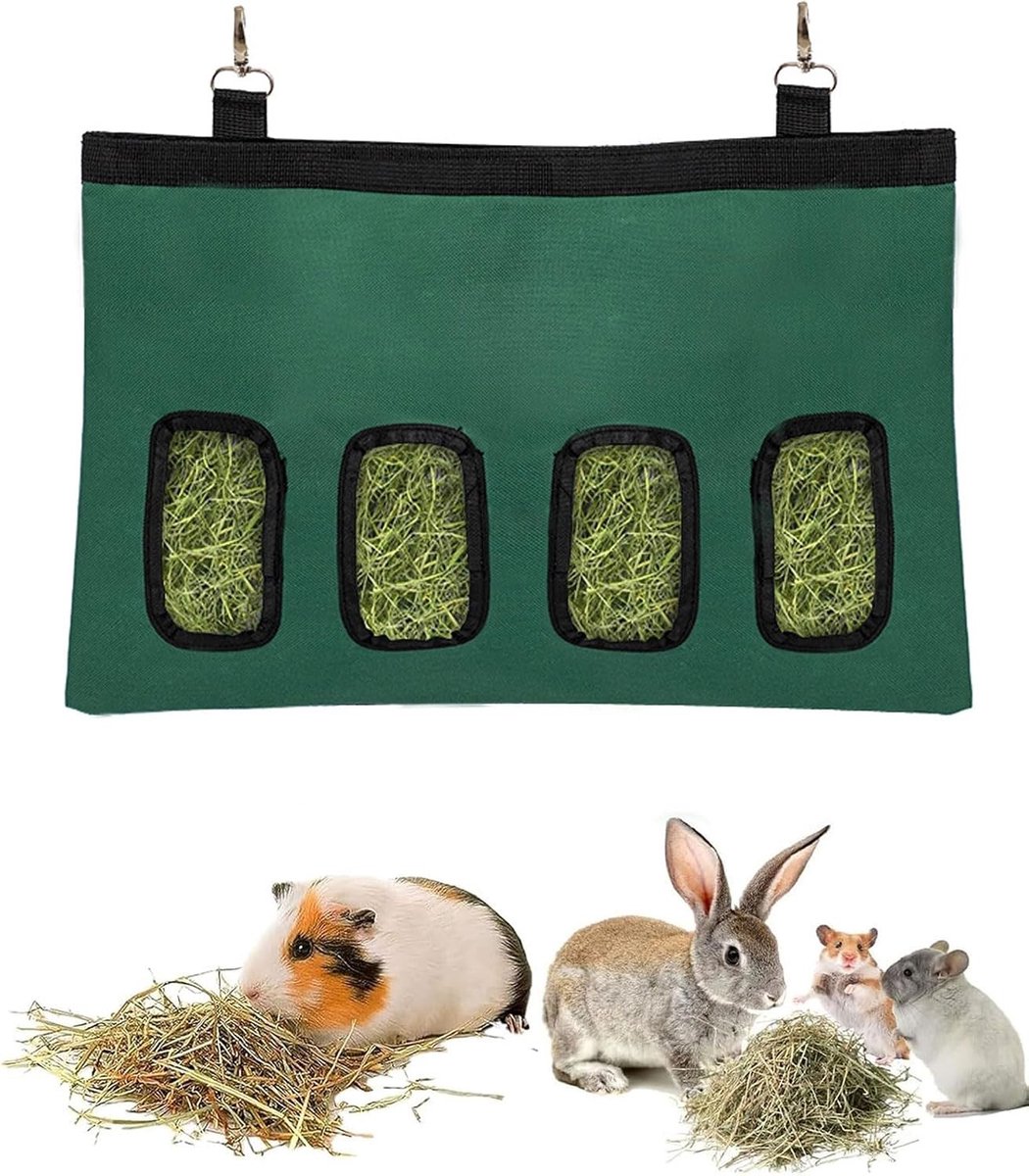Hooizak voor konijnen en kleine dieren, hangvoerdispenser met 4 ramen voor hooi, groen, ideaal voor voedertijd en dierenwelzijn