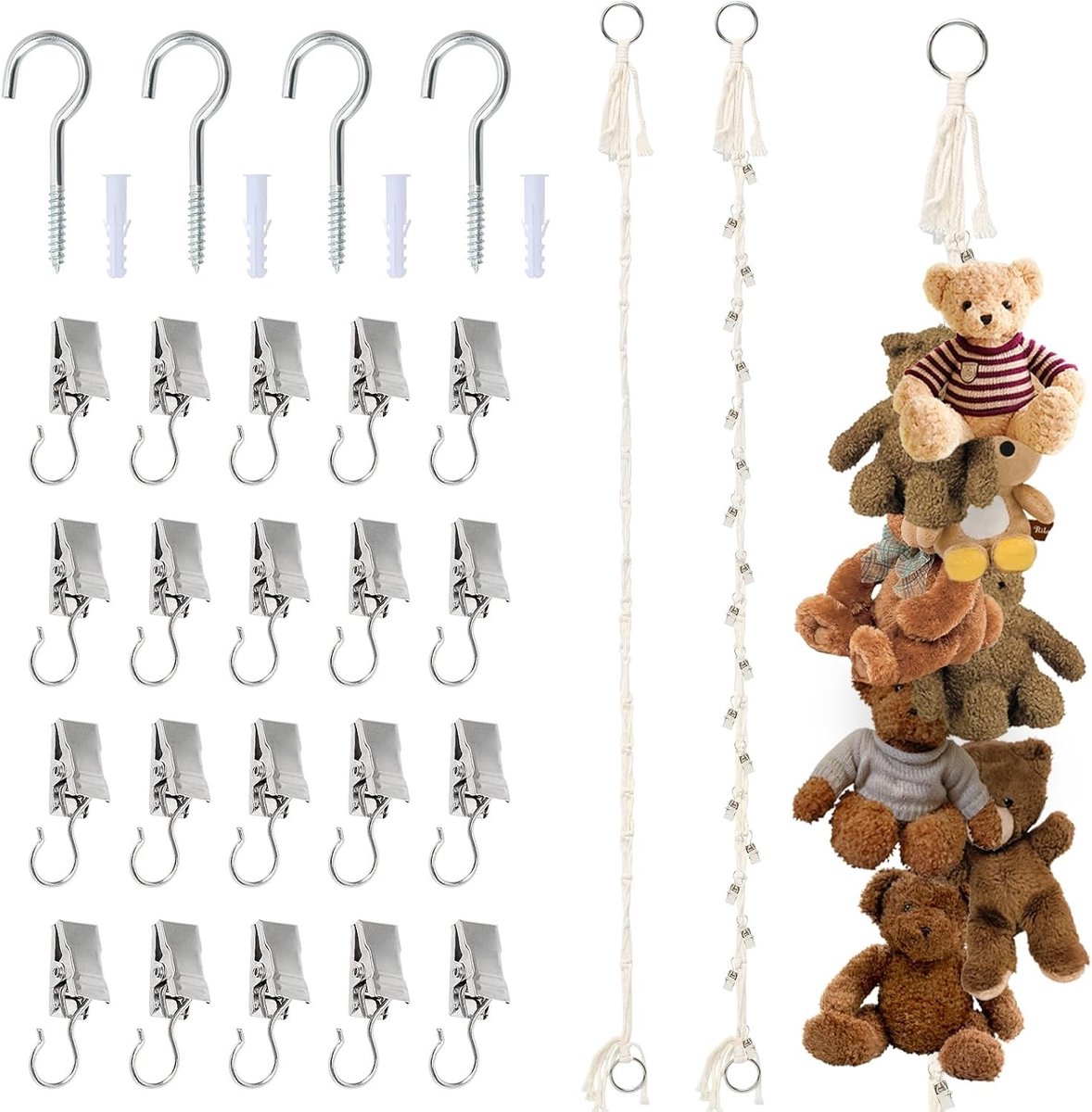 Zachte Speelgoedopslagkettingen met 20 Metalen Clips, Boho Organizer voor Knuffeldieren en Speelgoed, Hangende Opbergoplossing voor Kinderen