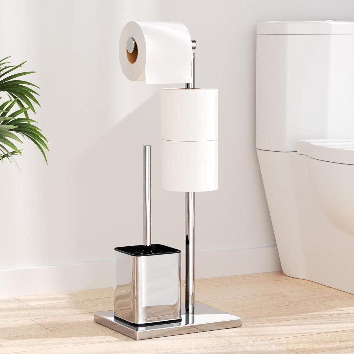 Toiletrolhouder met borstel - Staande houder - Badkamer Organisatie - Geen boren nodig - Ruimte voor 3 rollen - Zilver