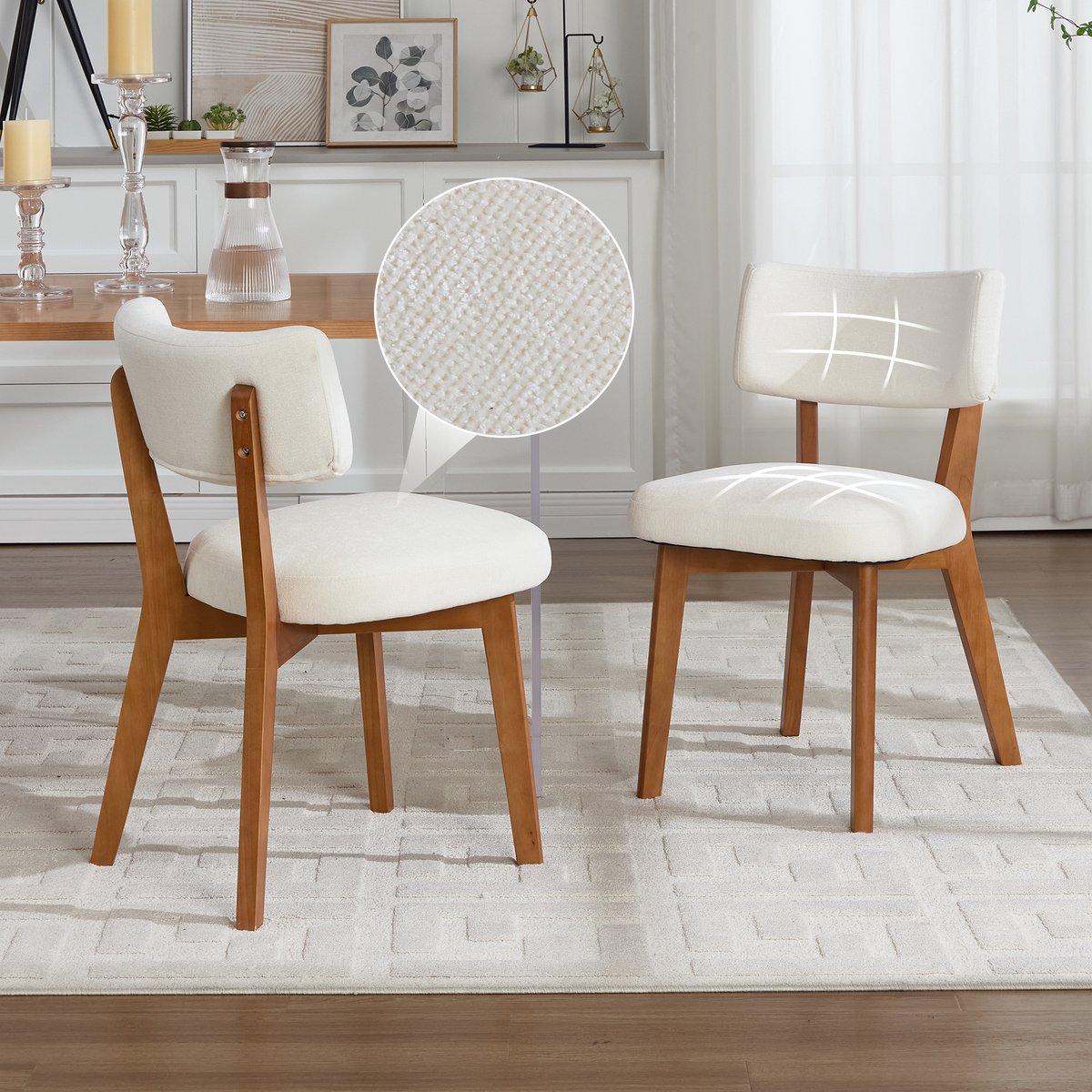 Wishdor Eetkamerstoel set van 2 - Mid-century stijl - Stoffen zitting met rugleuning - Houten poten - Beige - Zithoogte 46 cm - Draagkracht 200 kg