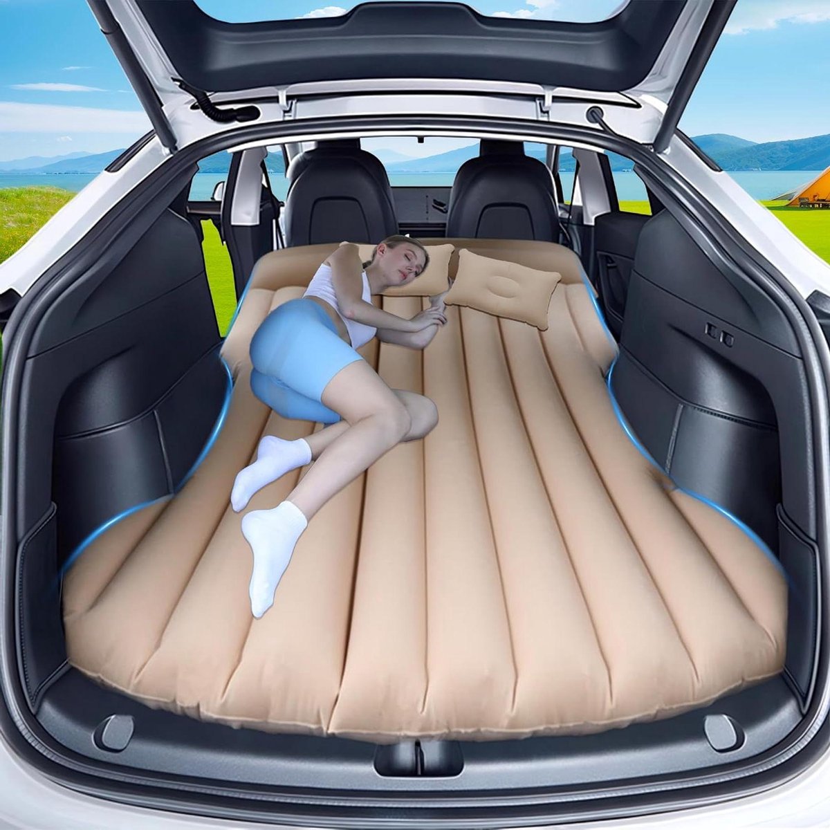 Auto Luchtmatras - Opblaasbaar Bed - Kamperen en Reizen - 4 Onafhankelijke Luchtkamers - 195 x 130 cm - Beige