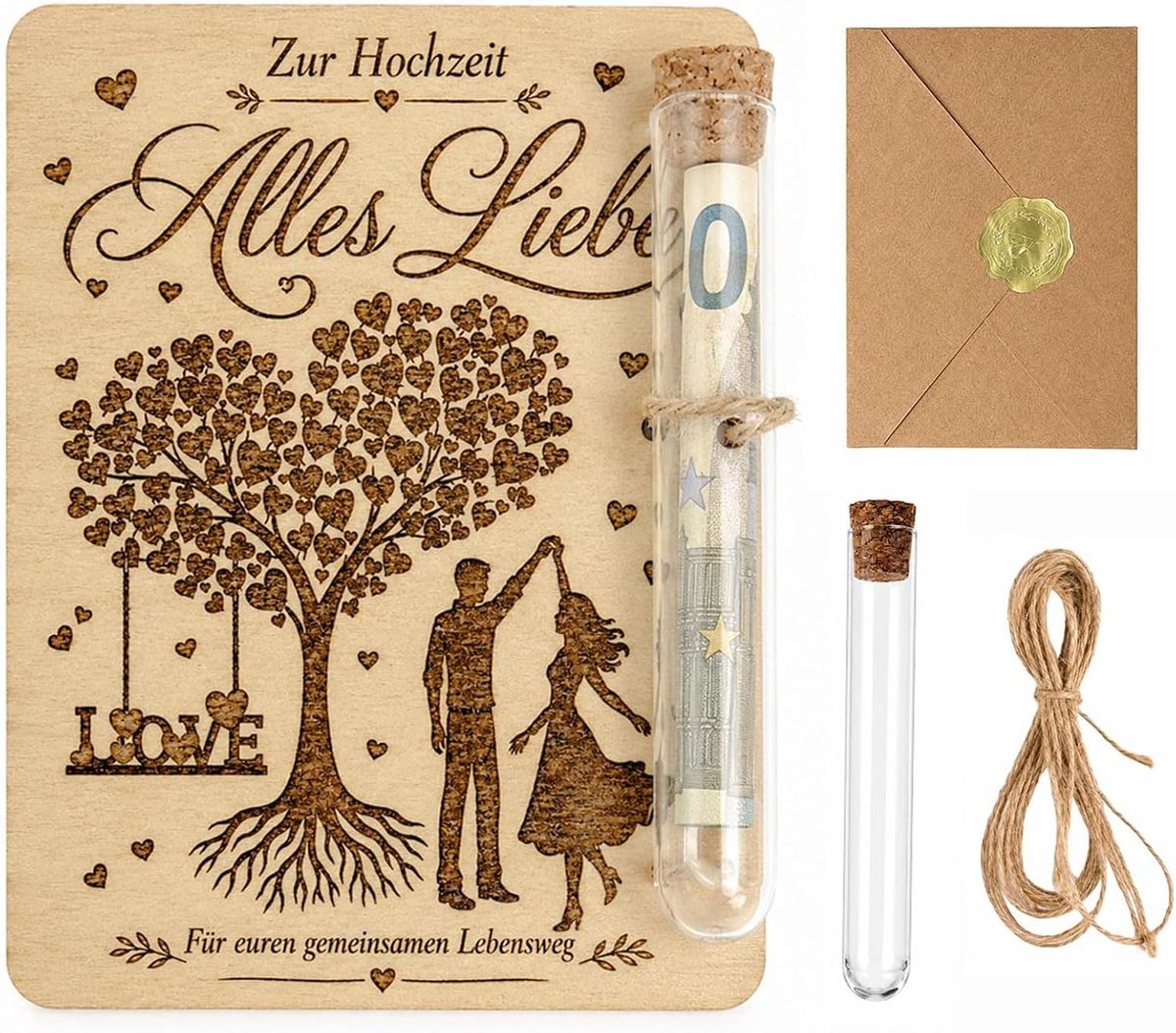 Geldcadeau Bruiloft Huwelijkskaart - Houten Huwelijkskaarten met Lasergravure, Geldcadeau Buizen & Envelop, 13x11cm - ShopVlot