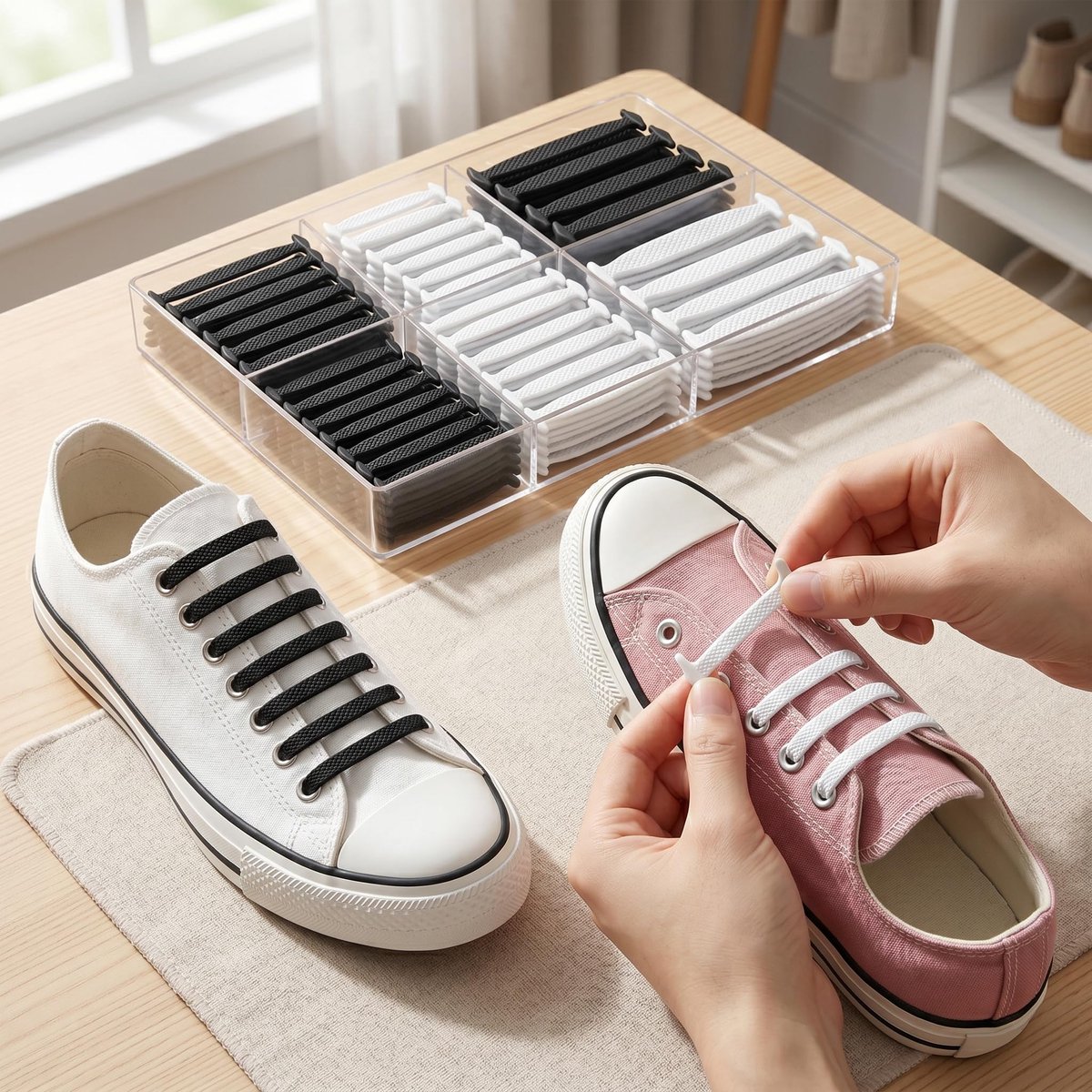 Elastische siliconen schoenveters zonder strikken 2 paar waterdicht plat rekbaar wit zwart voor sportschoenen casual - ShopVlot