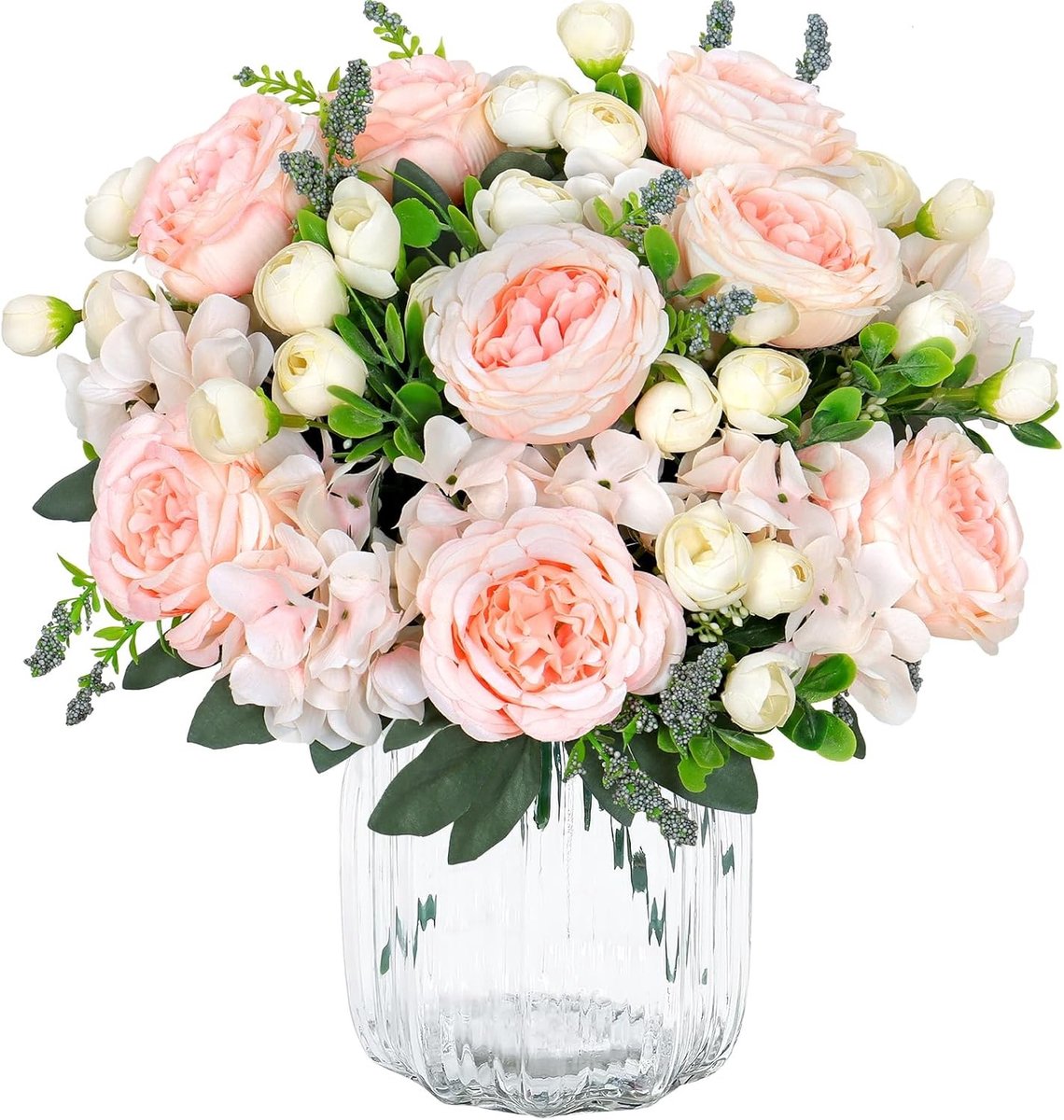 Bundel Kunstbloemen - Kaneelroze - 31 cm - Pioenrozen en Rozen Boeket - Voor Bruiloft en Tafeldecoratie