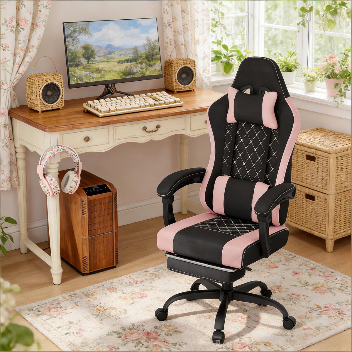 Wishdor Gamingstoel met massage lendenkussen - Ergonomische bureaustoel met hoofdsteun, verstelbare rugleuning, 360° draaibaar, mesh, zwart roze - 127 cm