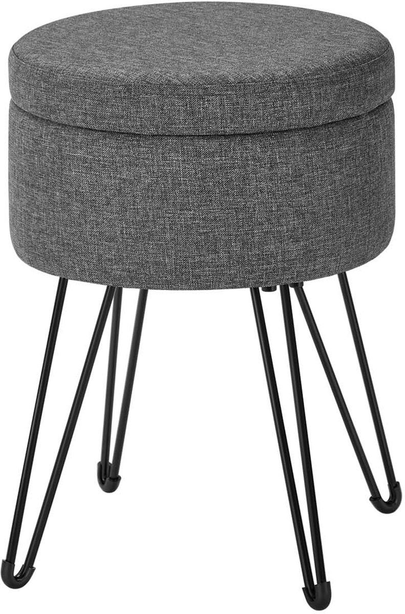 Ronde opbergbank 31x31x43cm grijs met dubbelzijdig deksel kan als voetenbank en bijzettafel worden gebruikt met verborgen opbergruimte comfortabele zitting stevige metalen poten voor woonkamer slaapkamer en kaptafel