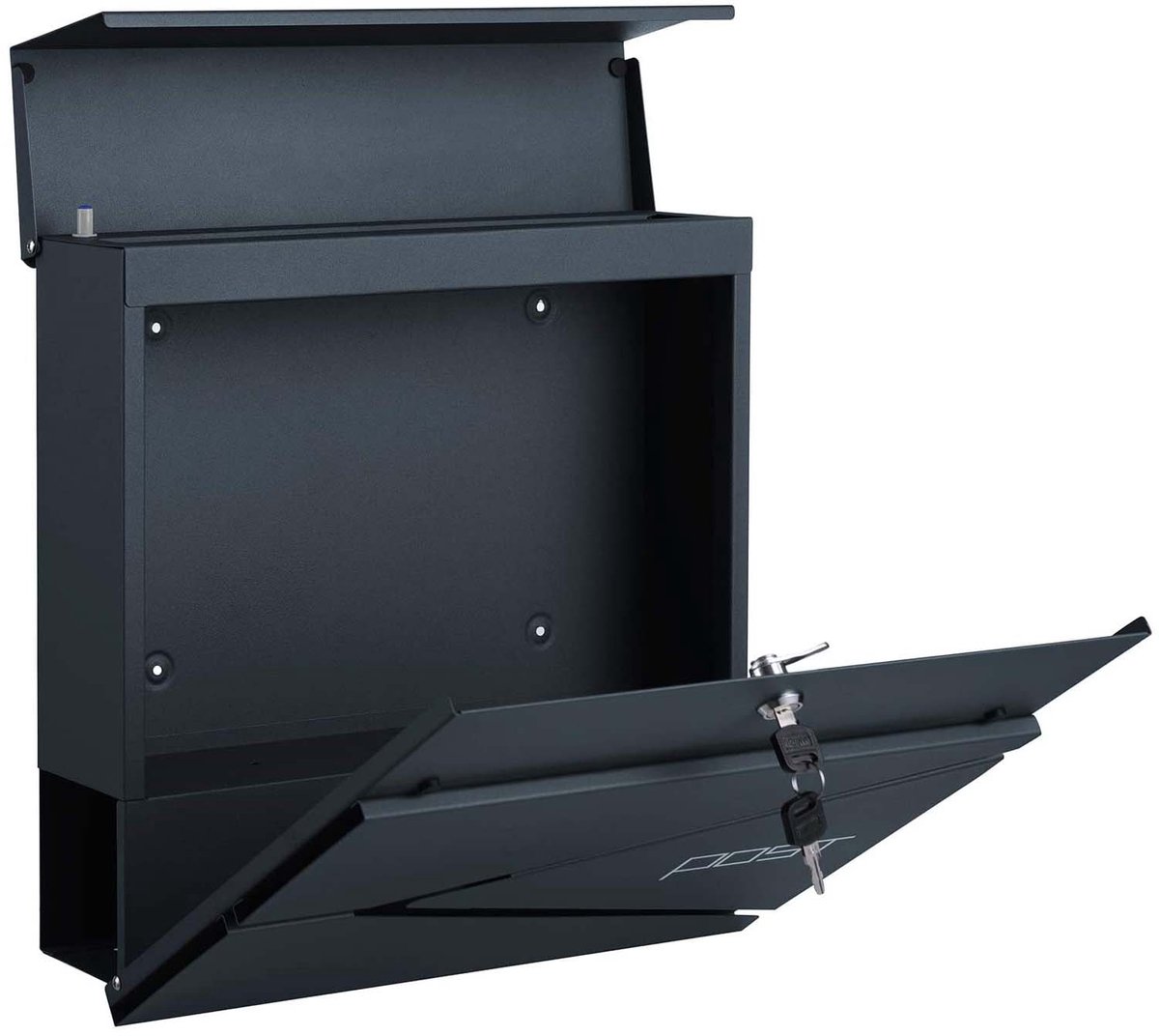Wandbrievenbus 10,5 x 37 x 36 cm grijs Stevige en duurzame stalen constructie met slot sleutel krantenhouder en gedempt deksel Eenvoudig te monteren en schoon te maken Geschikt voor voordeur veranda en buitenruimte