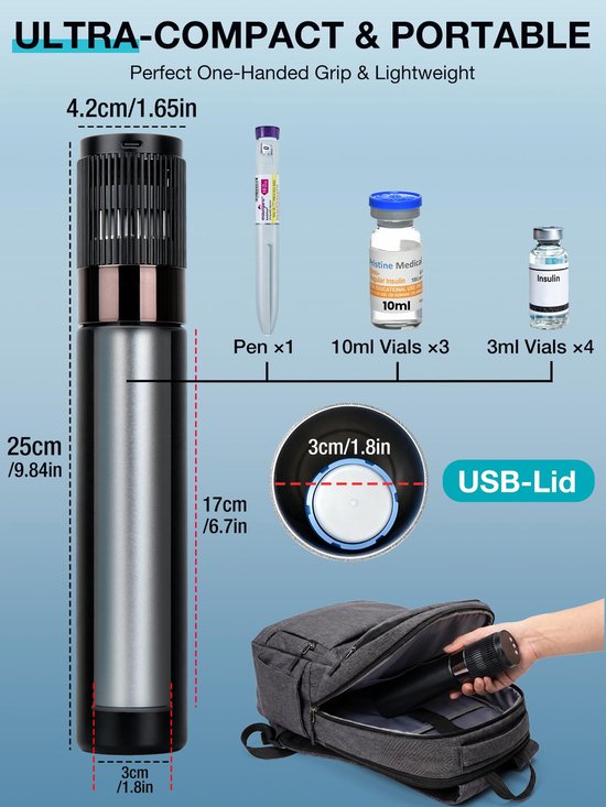 YOUSHARES Insuline-koeltas, mini-koelkast, koelfles, insulinepen, reizen, actieve koeling 2-8 °C, 3 snelheden, USB-C - ShopVlot — afbeelding 2
