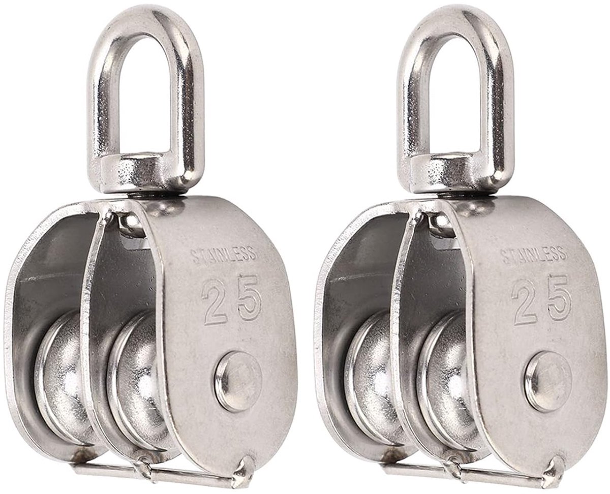 2Pcs Double Pulley, M25 Pulley Block Stainless Steel Double Pulley Block 150kg Bearing Swivel Pulley Wheel Roller - ShopVlot