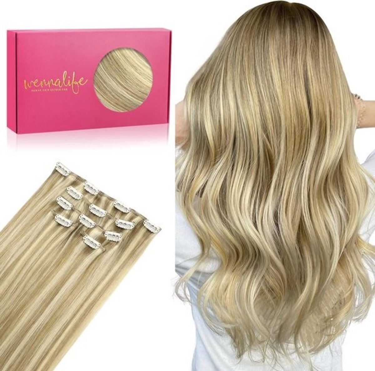 Clip-In Haarverlenging Echt Haar 40 cm Lichtblond/Goudblond Highlights 7-Delige Set