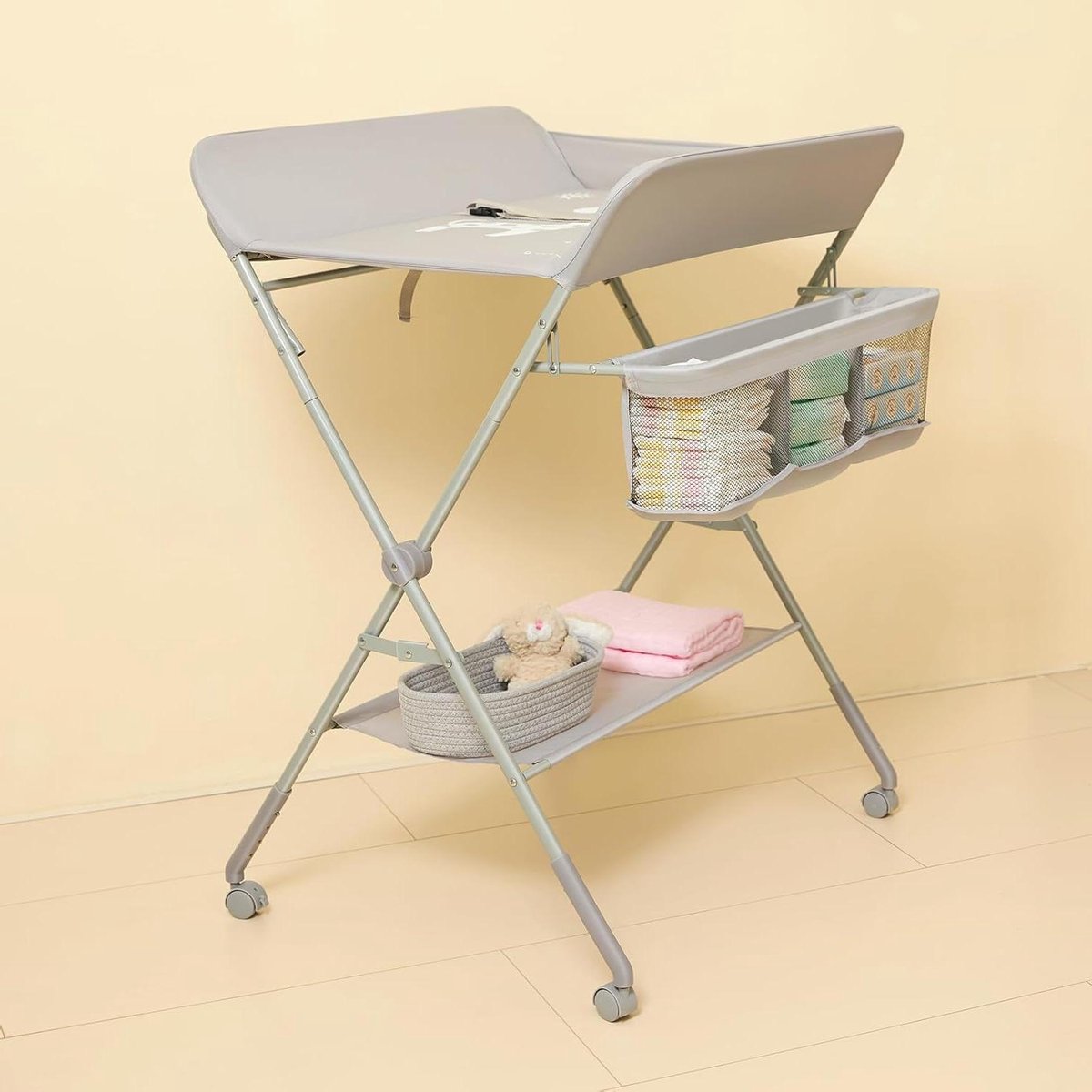 Opvouwbare commode - Baby commode - Baby verzorgen - Verstelbare hoogte - 4 niveaus - Lichtgrijs