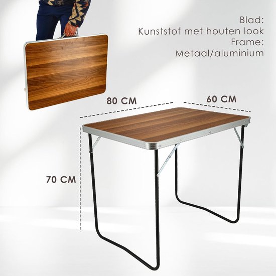 Campingtafel Houten Look - Klaptafel Tuintafel - Outdoor Activiteiten - Inklapbaar met Handvat - 80x60x70cm - Grijs Bruin — afbeelding 2