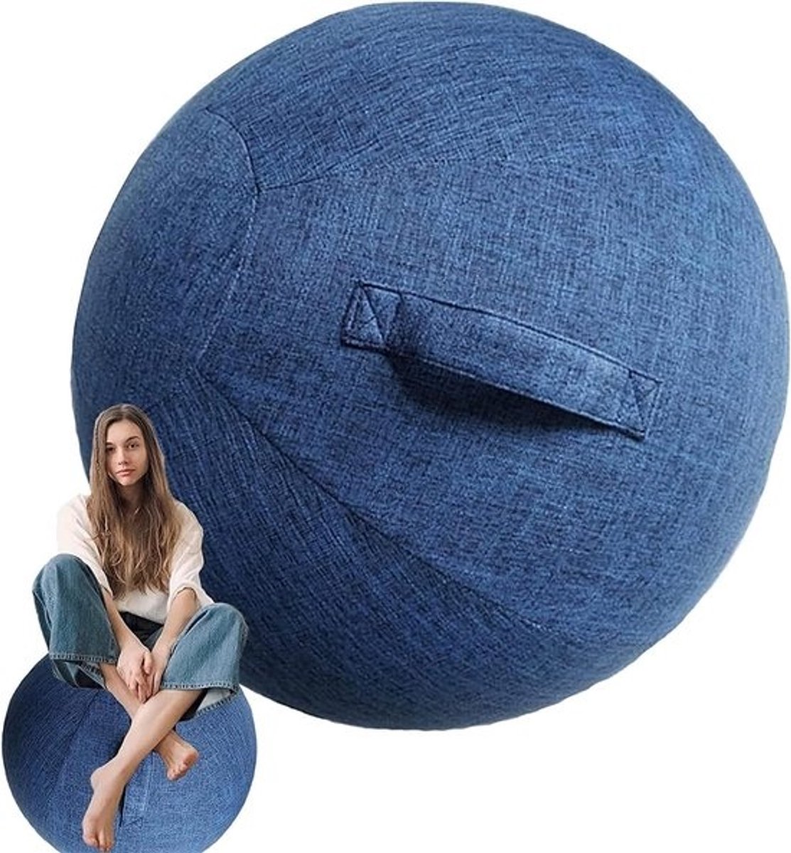 Oefenbal Stoelhoes - Fitnessbal Beschermhoes - Zitbal Kantoor - Ademend Katoen Linnen - 55 cm - Blauw