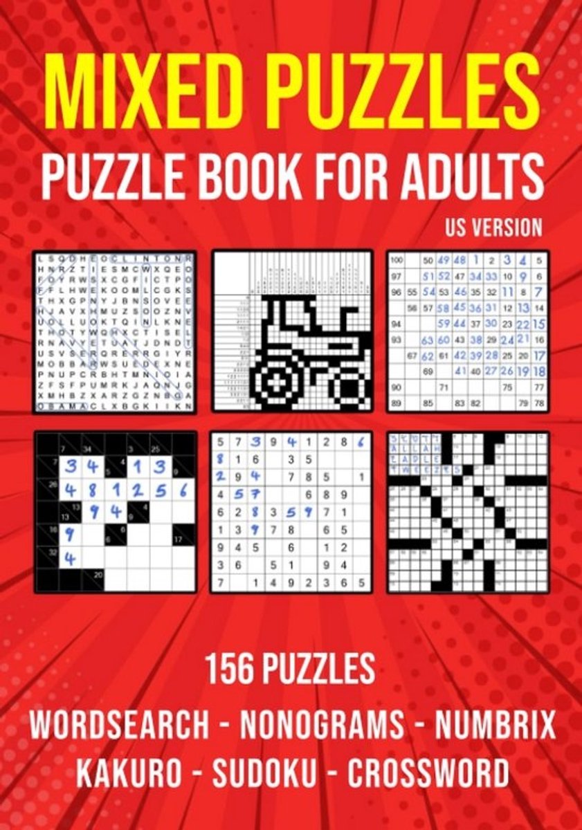 Gevarieerd Puzzelboek voor Volwassenen: Sudoku, Nonogram, Woordzoeker, Kruiswoord, Kakuro & Numbrix
