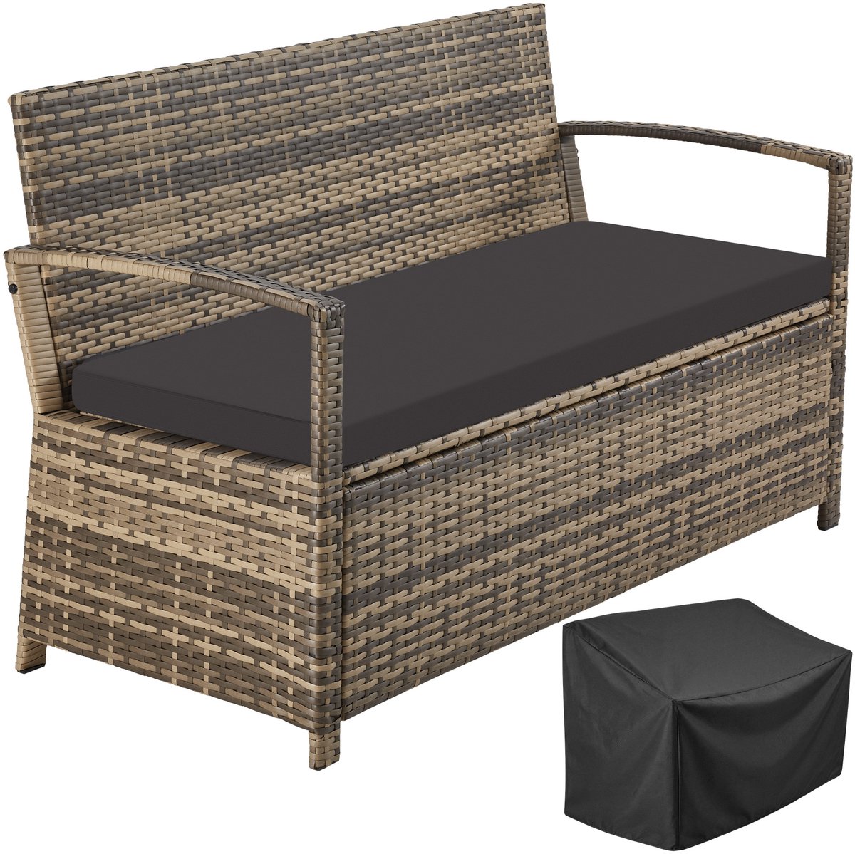 tectake® Wicker Tuinbank 2-Zits – Tuinbank met Opbergruimte – Weerbestendige Polyrattan Bank met Zitkussen en Beschermhoes – Armleuningen en Hoge Rugleuning – 128 x 56 x 77,5 cm – Natuur