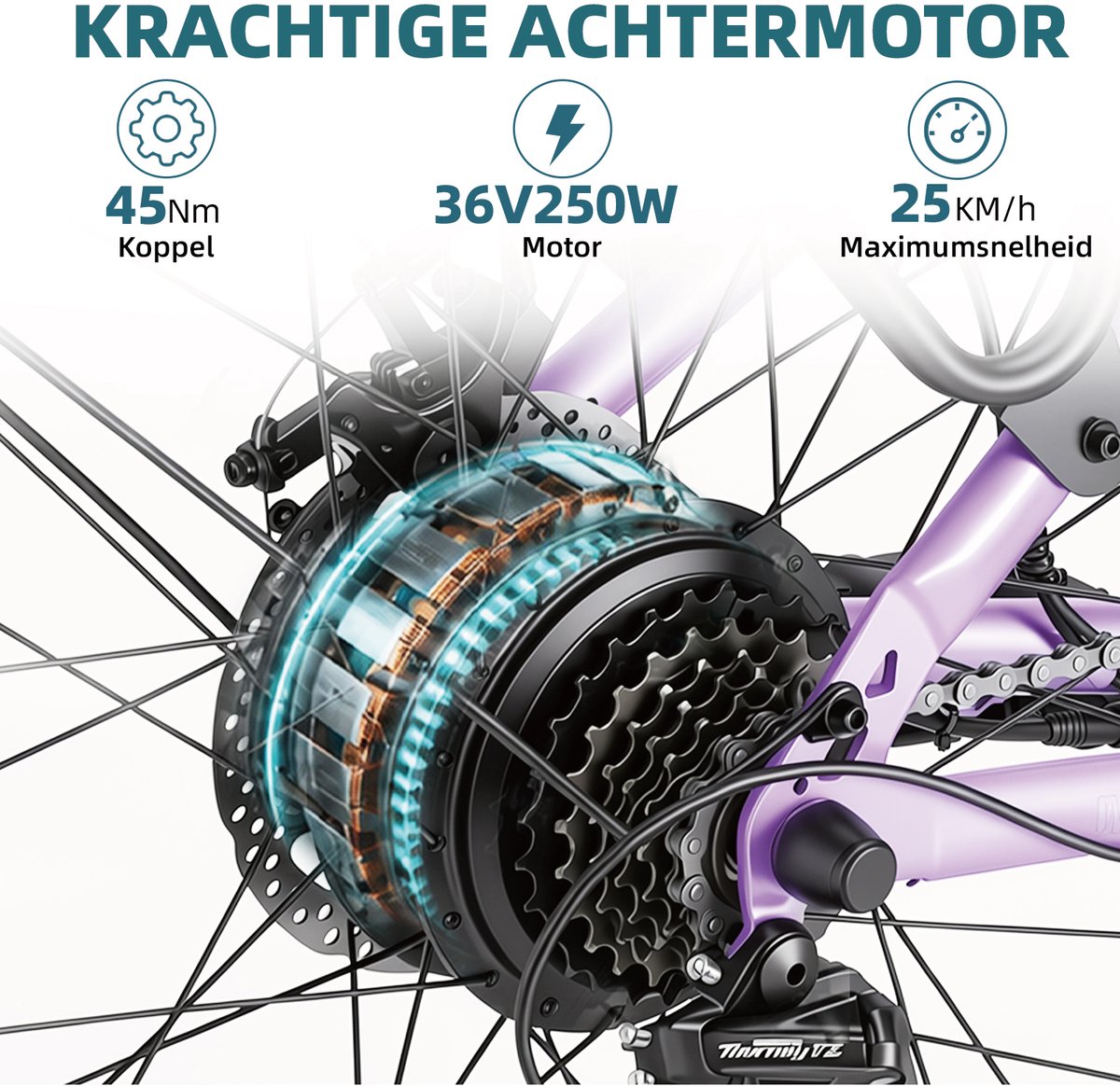 BEKUP V1 E-bike - 25 km/u - 26inch - 75km actieradius - 250W motor - 36V 14.5Ah accu - paars thumbnail 3