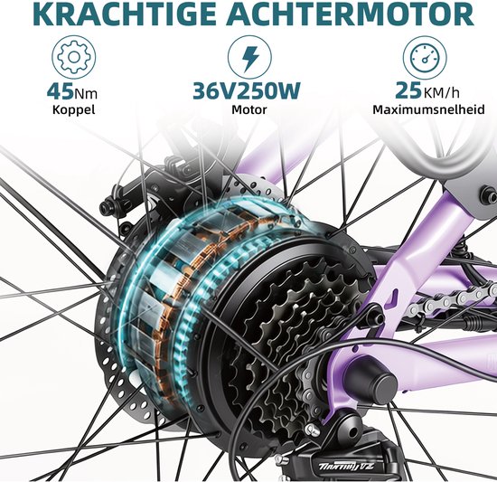 BEKUP V1 E-bike - 25 km/u - 26inch - 75km actieradius - 250W motor - 36V 14.5Ah accu - paars — afbeelding 3