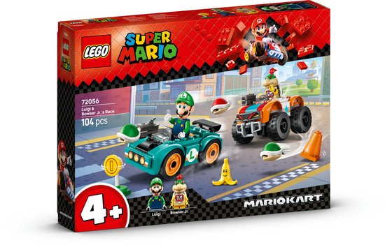 LEGO Super Mario 72056 Luigi & Bowser Jr.'s Race speelset met Luigi in een turquoise kart en Bowser Jr. in een oranje/blauwe kart, 104 onderdelen.