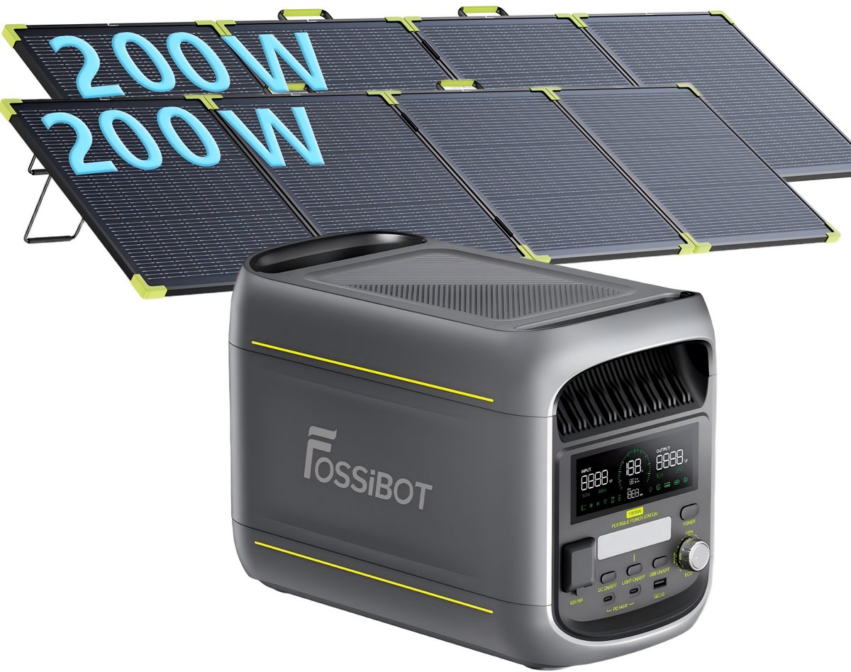 FOSSiBOT F1800 Draagbare Powerstation 1024Wh 1800W continu 3600W piek LiFePO4 incl. 2x SP200PRO zonnepanelen | Uitbreidbaar ECO-modus UPS <10ms Noodstroom Camper Kamperen