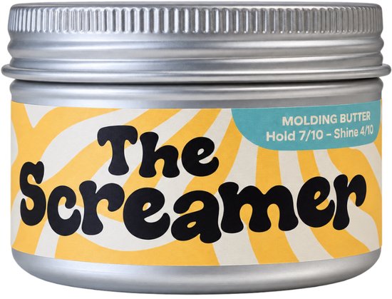 Zilveren blikje met een gestreept geel en wit label, met 'The Screamer' in zwarte letters. Hold 7/10 - Shine 4/10.
