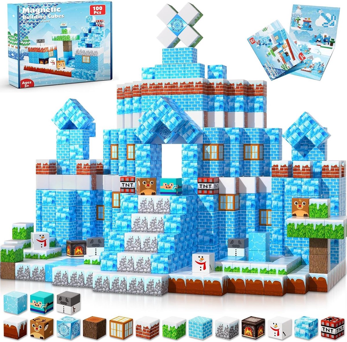 VONKELIOS® Magnetische bouwblokken 100 stuks, IJs‑ en sneeuwwereld bouwspeelgoed, Montessori speelgoed voor kinderen 4‑9 jaar