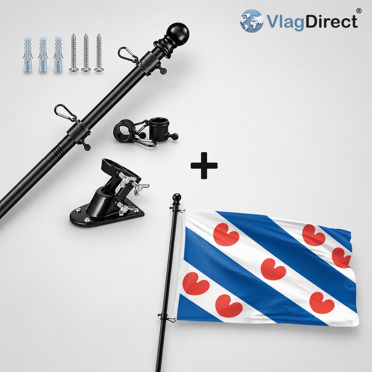 VlagDirect - Compleet vlaggenpakket - Zwarte vlaggenstok inclusief vlaggenstokhouder + Friese vlag - Friesland vlag - 150 x 225 cm - XL vlag.