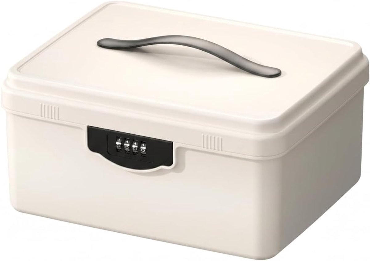 Afsluitbare medicijnbox met cijferslot - Opbergdoos met handvat -Waterdichte medicijndoos - met uitneembaar bakje - Geschikt voor thuis, kantoor en op reis - 26 x 21 x 11.5 cm - Wit