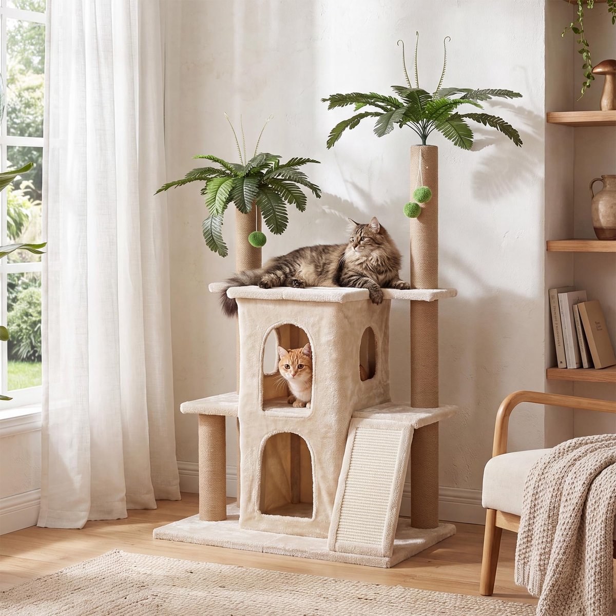 LITTLE TREE Krabpaal - 80 x 50 x 120 cm - Meerdere Niveaus - Sisal Krabpalen - Pluche Hokken - Voor Meerdere Katten - Beige