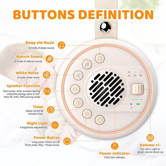 Witruismachine - Baby Geluidsmachine - 22 Kalmerende Geluiden - 60 Volumeniveaus - 2000mAh Batterij - Bluetooth Luidspreker - Draagbare Witruis - voor Kinderen en Volwassenen — afbeelding 5