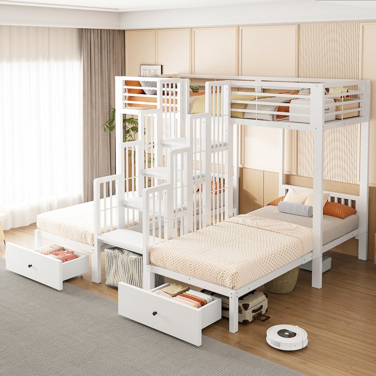 KOMHTOM Stapelbed met metalen frame, kinderbed 90 x 200 met centrale trap, veiligheidsleuningen, lades en robuuste stalen constructie voor kinder, jeugd- en logeerkamers, houtkleur wit