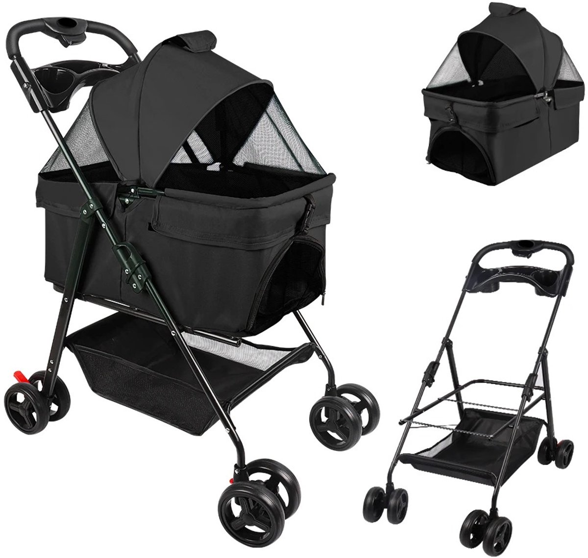 VILIMA - Hondenbuggy - Kattenbuggy - Wandelwagen voor kleine huisdieren - 4 wielen - Afneembare Draagmand - Makkelijk en compact - Zwart
