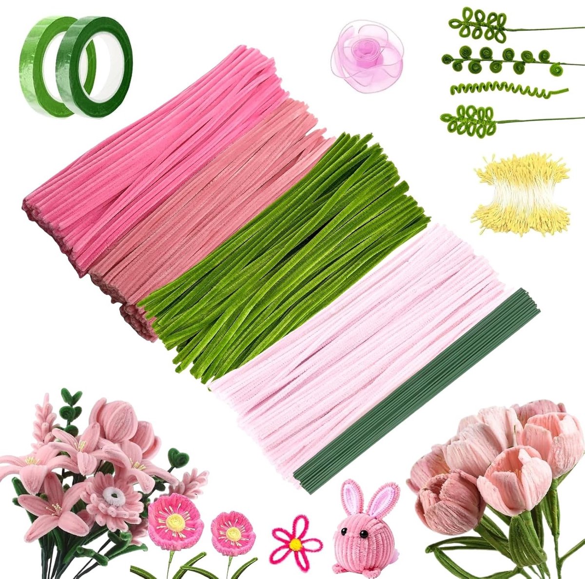 Pack van 400 Pijpenrassers voor Creatieve Knutselprojecten, Bloemen, 30 cm Lang, Inclusief Plakband en Bloementape voor Kinderen en Volwassenen